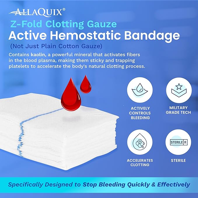 Advanced Kaolin Hemostatic Bandage – Sterile Z-Fold Clotting Gauze (3 in. x 12 ft) | Stops Bleeding Fast for Emergency, Trauma, First Aid, and Survival Kits (2-Pack)