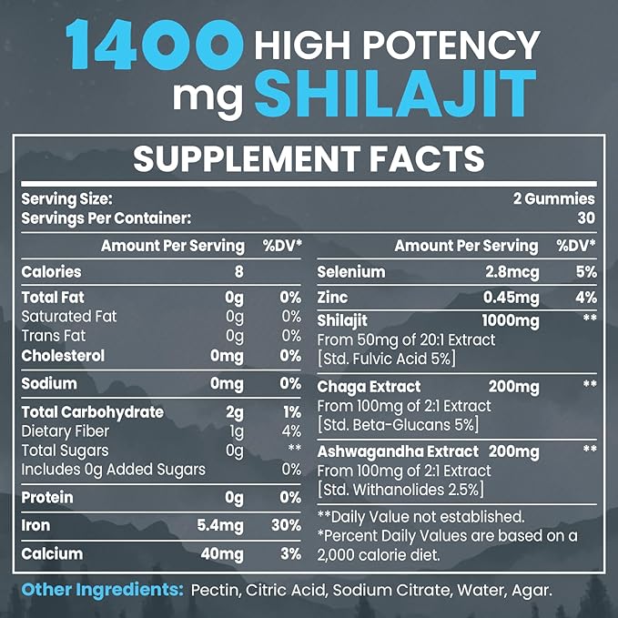 1400 MG Shilajit Gummies, Organic Shilajit Gummies with 85+ Trace Minerals, Fulvic Acid, Shilajit for Men & Women, Shilajit Resin, Shilajit Himalayan Organic for Energy, Sugar-Free, 60 Count