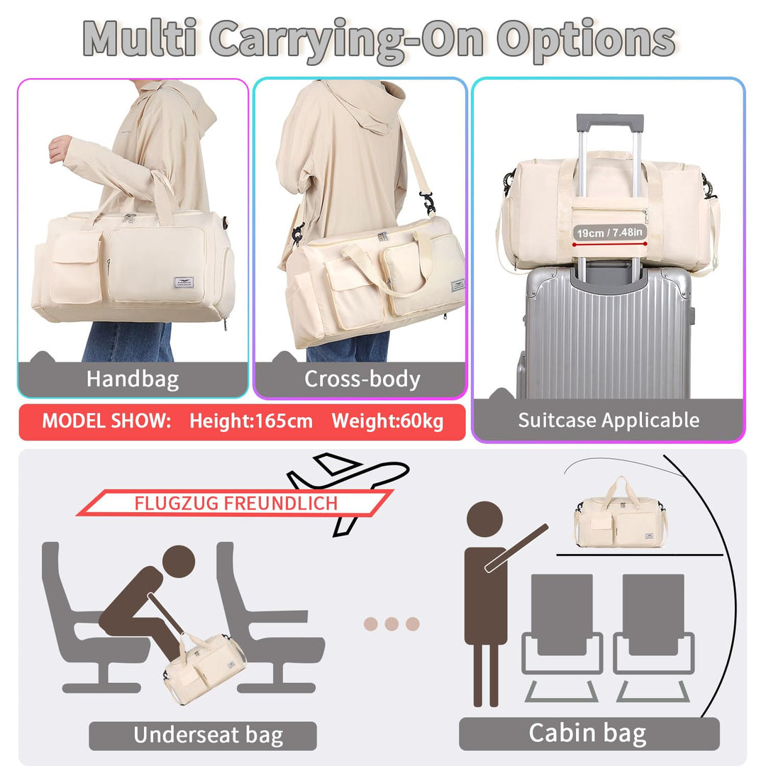 FIORETTO Women's Water-Resistant Gym Duffle Bag with Shoes Compartment, 37L Capacity, Multi-Functional, Ideal for Travel, Gym, Sports, Weekender, Beige