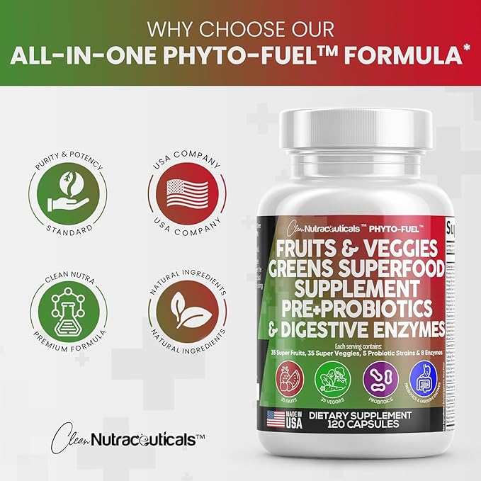 Clean Nutraceuticals Fruits and Veggies Supplement Reds & Green Superfood - Balance of Over 70 Fruit & Vegetable Supplements Capsules with Probiotics Prebiotics Digestive Enzymes - 5Pack