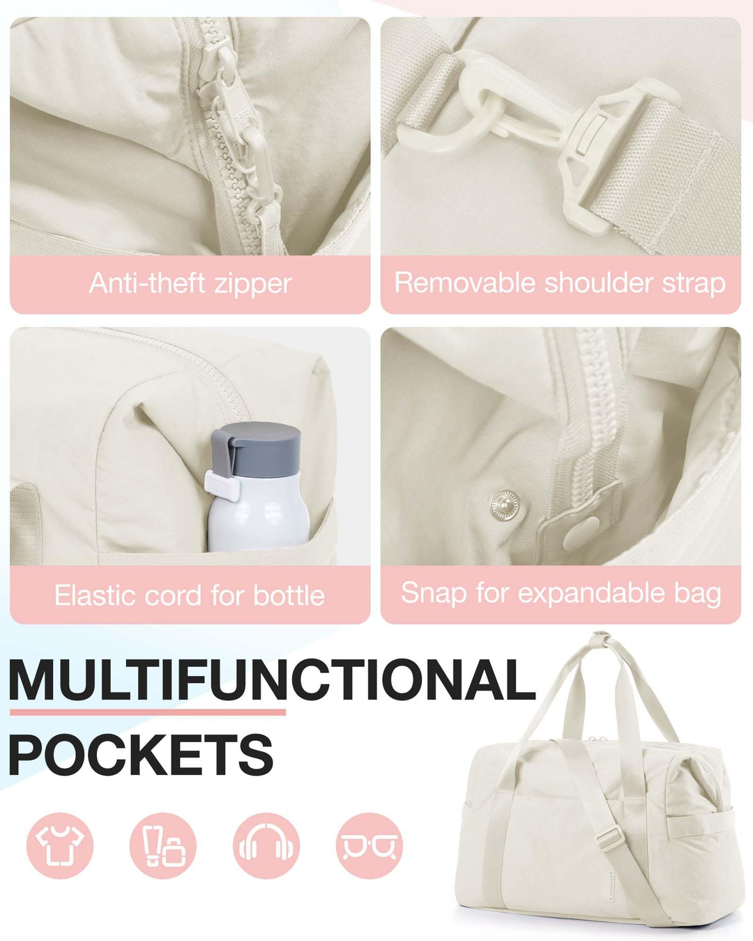 BAGSMART BAGSMART Gym Bag for Women, Carry on Weekender Overnight Bag, Travel Duffel Bags with Trolley Sleeve, Personal Item Travel Bag Tote Bag Workout Dance Bag, Beige-34L