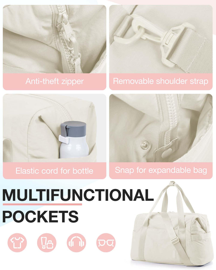 BAGSMART BAGSMART Gym Bag for Women, Carry on Weekender Overnight Bag, Travel Duffel Bags with Trolley Sleeve, Personal Item Travel Bag Tote Bag Workout Dance Bag, Beige-34L