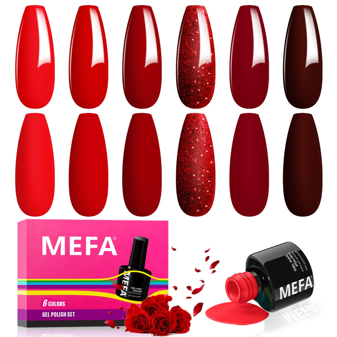 Mefa Red Gel Nail Polish Set, 6 Colors Red Gel Polish Kit Popular Red Burgundy Glitter Nail Polish Soak Off Rose Dark Red Shimme