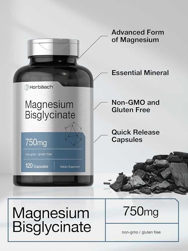 Horbäach Magnesium Bisglycinate | 120 Capsules | 750mg | Non-GMO and Gluten Free Supplement