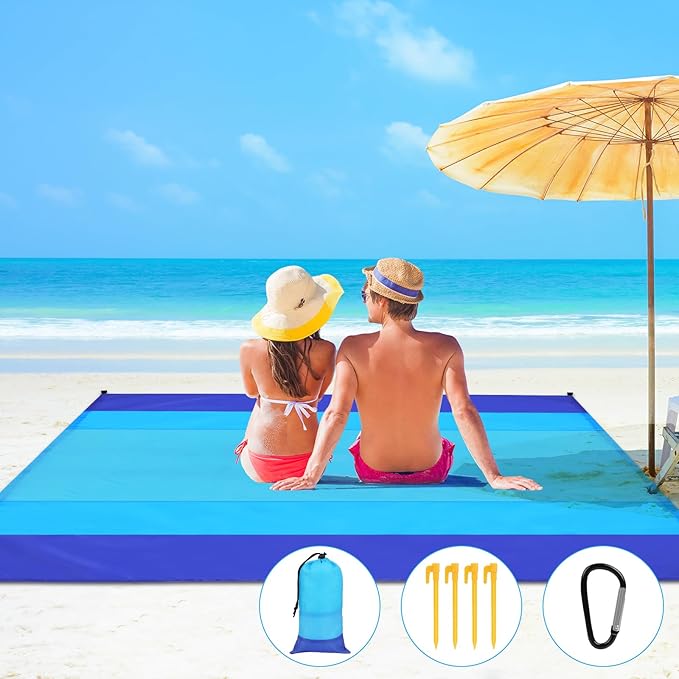 Beach Blanket Beach Mat, Sandproof Waterproof Beach Mat, Extra Large 108 * 118 in (8-10People) Picnic Blanket with 1 Storage Bag, 1 Carabiner & 4 Fixed Nails for Beach, Camping, Hiking, Picnic