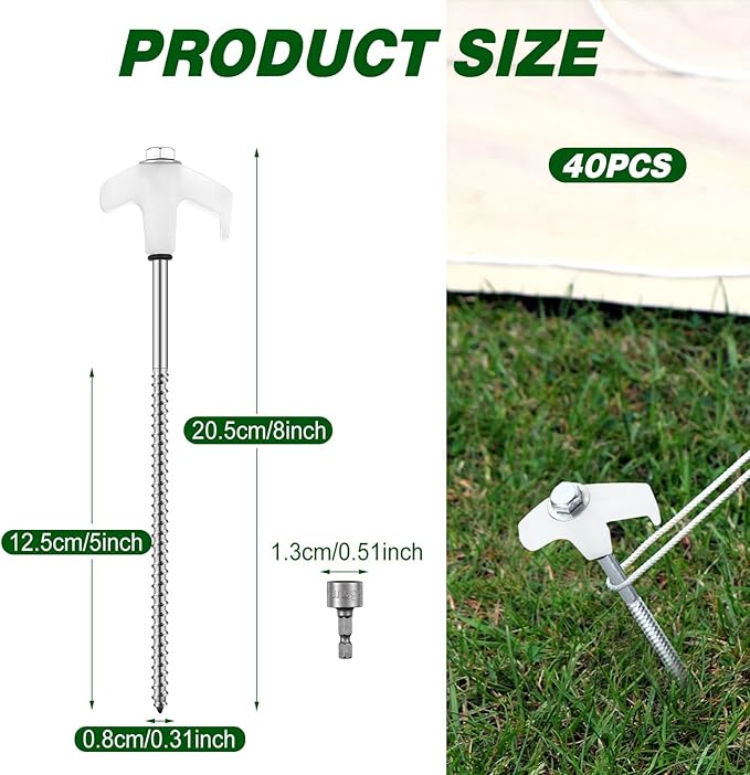 Hicarer 40 Pcs 8'' Screw in Tent Stakes Heavy Duty Ground Anchors Screw in Tent Pegs Ground Stakes Tent Spikes Metal Tent Spikes with Hex Head Driver for Camping Garden Canopies (Luminous White)