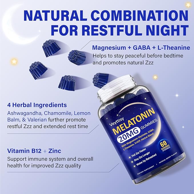 Melatonin 20mg Gummies for Adults - Max Strength Melatonin Gummy Supplement with Magnesium Glycinate, B6, B12, L-Theanine, GABA, 5-HTP & Herbs - Non-Habit Forming, Vegan, Natural Mixed Berry Flavor
