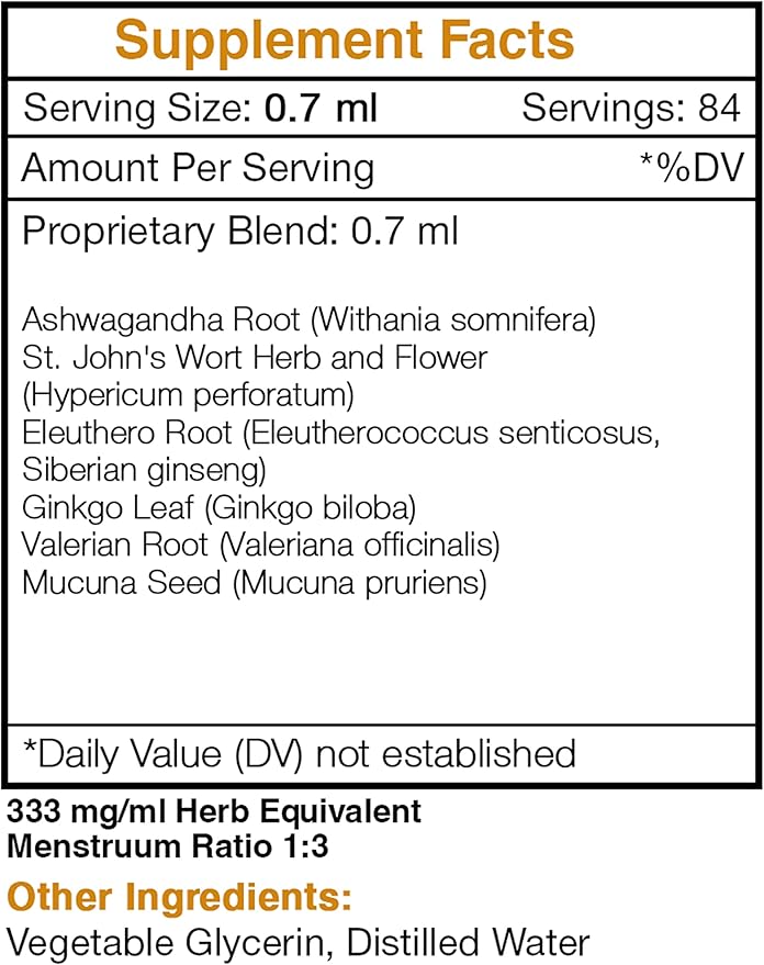 Tame The Monster Alcohol-Free Extract, Tincture, Glycerite Ashwagandha,St. John's Wort, Eleuthero Siberian Ginseng, Ginkgo, Valerian. Mood Balance Formula (2 FL OZ)