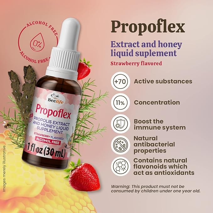 Beelife Propoflex Green Propolis Extract for Kids - No Alcohol Bee Propolis Tincture, High Artepillin-C Levels - Natural Antioxidant-Rich Liquid Supplement - Strawberry Flavor, Made in Brazil, 30ml
