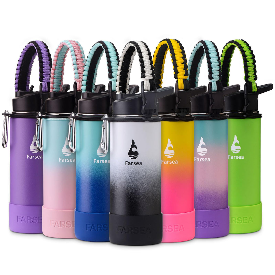 Farsea Insulated Water Bottle With Paracord Handle, Protective Boot and 2 Lids (Straw Lid & Spout Lid), Stainless Steel Water Bottle Wide Mouth, Double Wall Sweat-Proof BPA-Free, 18 oz