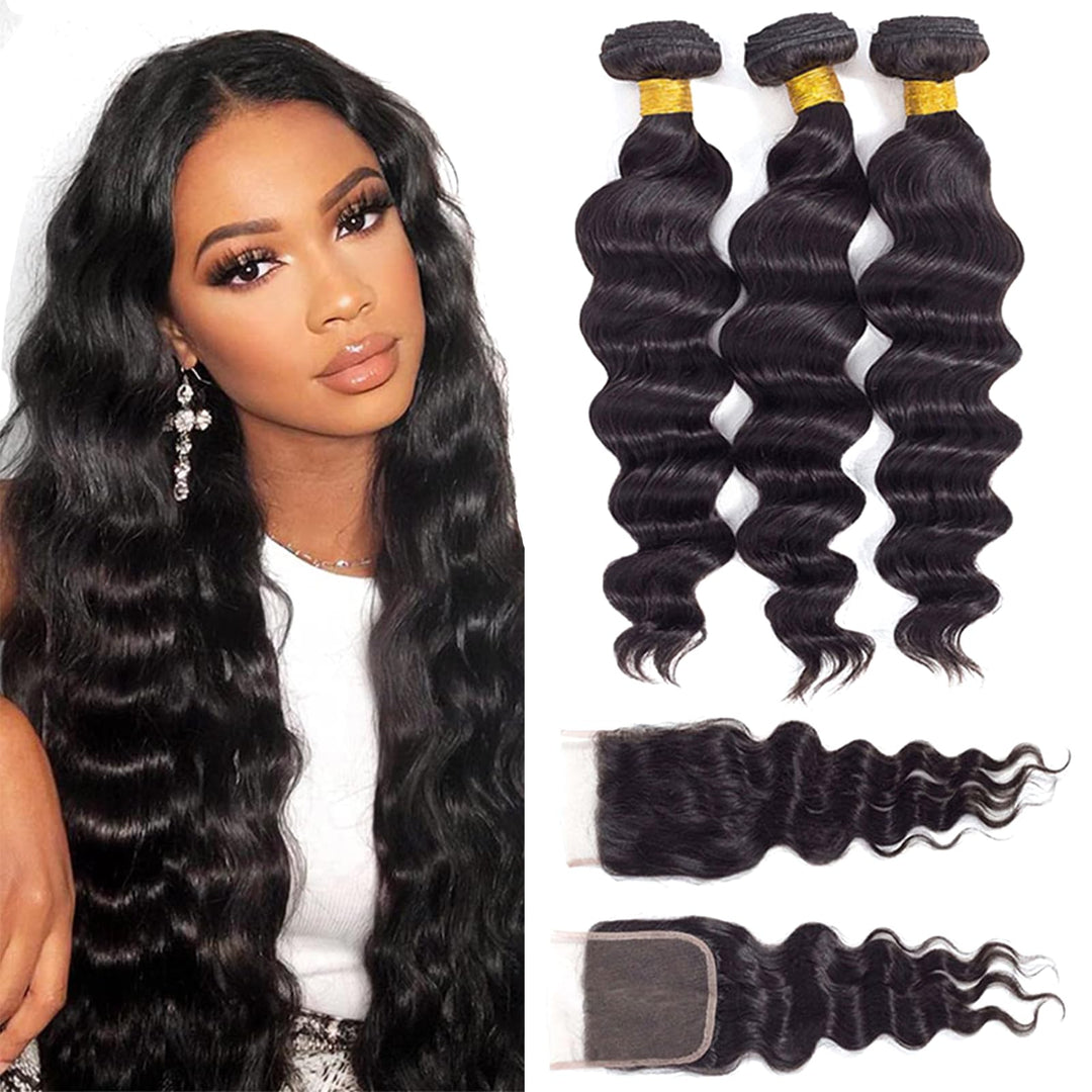 12A Loose Wave Bundles With Closure Human Hair (22 24 26+20'') 100% Unprocessed Virgin Brazilian Loose Deep Wave Human Hair Weav