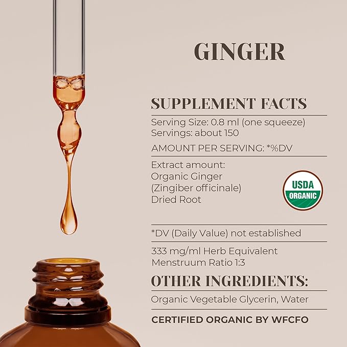 Ginger USDA Organic Alcohol-Free Extract | Dietary Supplement, High-Potency Tincture | Natural Certified Organic Ginger (Zingiber officinale) Dried Root (4 oz)
