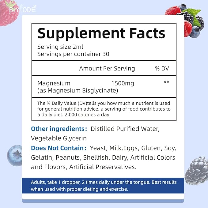 High Absorption Magnesium Glycinate Liquid - with Vitamins B6, C, D, Fiber, Bromelain, Raspberry & Strawberry, Non-GMO, Gluten-Free, Vegan, Stress Relief, Sleep, Muscle & Heart Support, 60ml