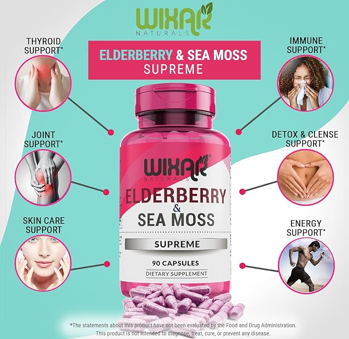 Elderberry and Sea Moss Supreme Capsules - Natural Black Elderberries with Wildcrafted Sea Moss Pills - 90 Capsules - Antioxidants - Herbal Supplements - Immune Support Supplement