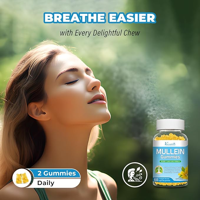 Mullein Gummies, Mullein Leaf Extract for Lungs Gummies with Bromelain, Quercetin, Magnesium - Lung Detox & Cleanse, Pineapple Flavor, 120Cts