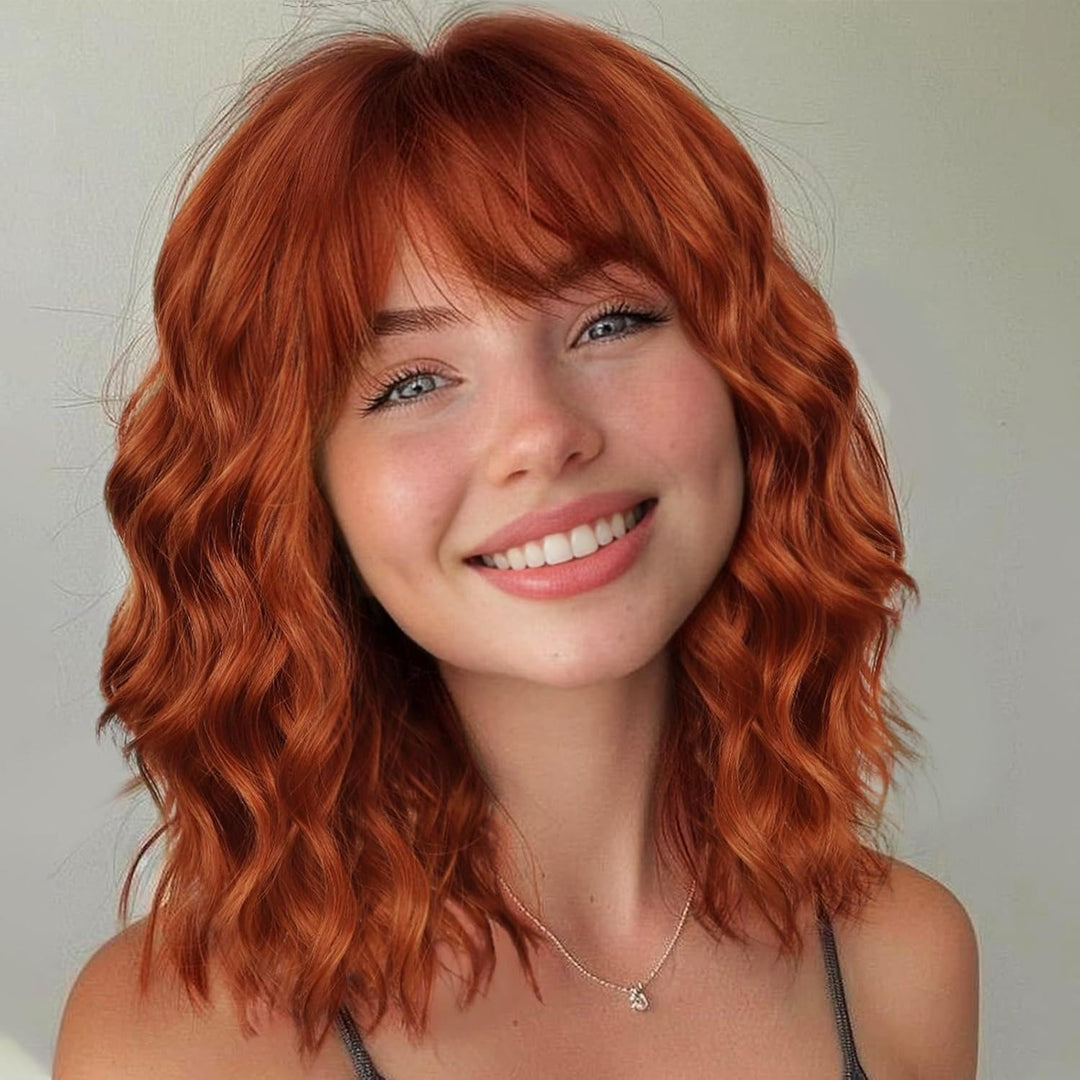 Nnzes Short Orange red Wavy Wig with Bangs for Women Shoulder Length Bob Curly Women's Charming Synthetic Wigs with Natural Wavy Wig Heat Resistant Hair for Daily Party Use