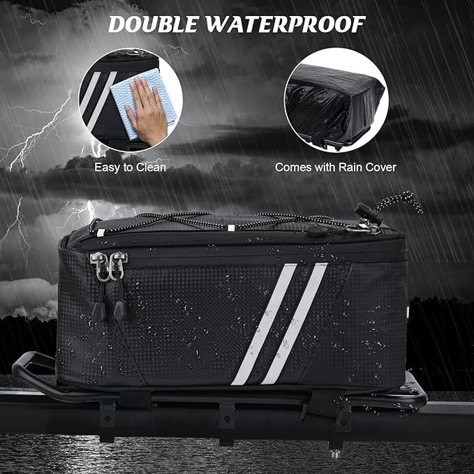 Bike Reflective Trunk Bags Waterproof Rear Rack Bag for Bicycle, 7L Capacity Insulated Storage Pannier Bag Bike Cargo Bag With Reflective Strips for Outdoor Travel Camping Picnic Commuter