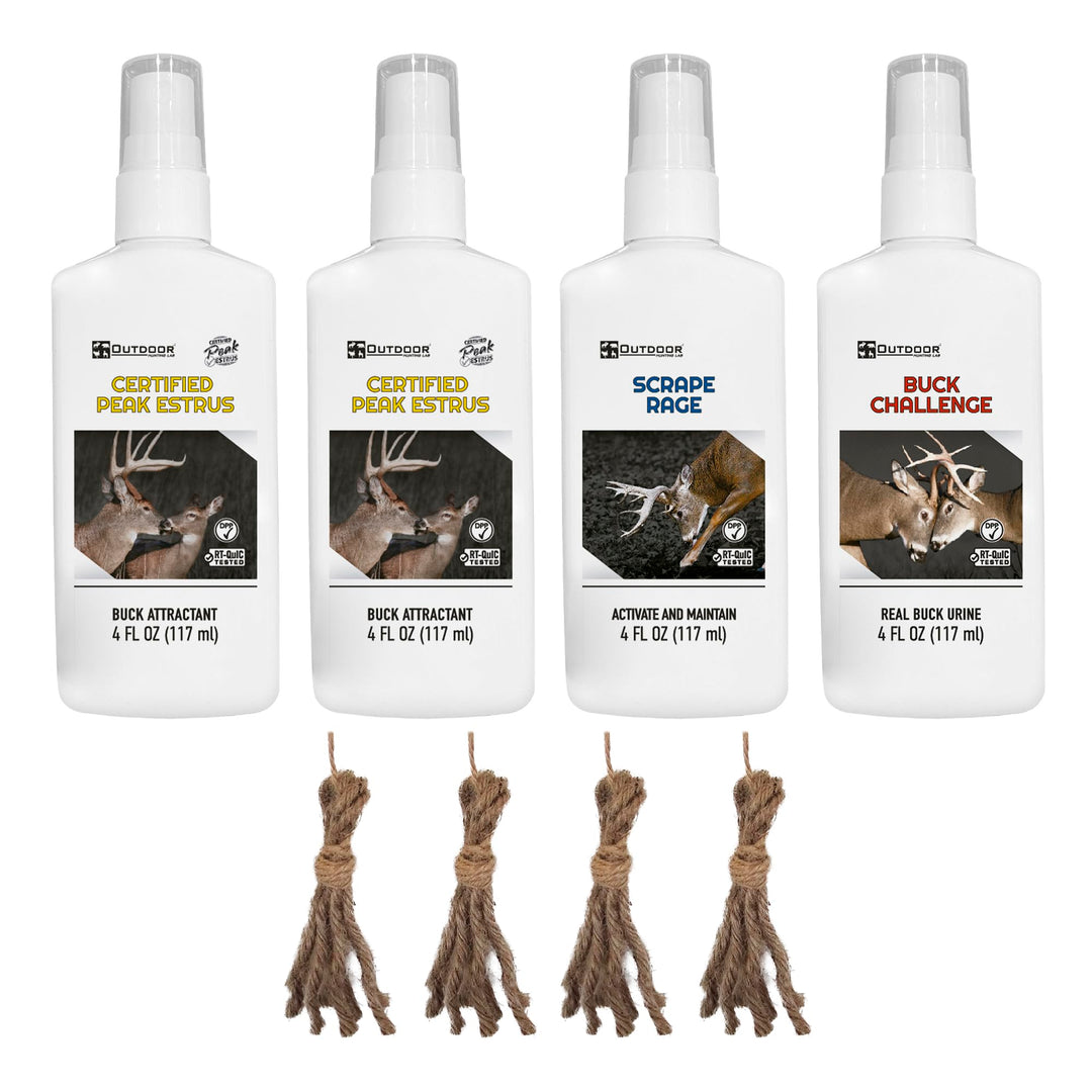 Outdoor Hunting Lab Certified Peak Doe Estrus Spray | 2 oz | 4 Bottles Variety Pack | Doe in Heat Urine for Hunting | Drag N’ Drip Included | Deer Scents
