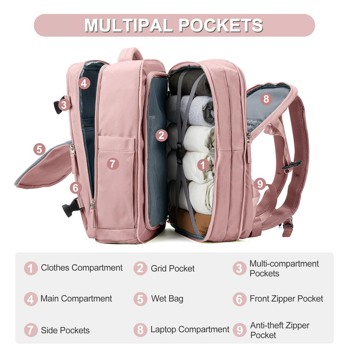 Expandable Backpack For Traveling On Airplane Carry On Backpack Flight Approved Personal Item Travel Backpack For Women Men Airline Approved Gym Bag With Shoe Compartment Travel Weekender Bag Pink