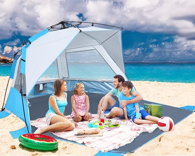 Beach Tent Instant Pop up Sun Shade Shelter for 4-6 Person with UV Protection，Extended Floor，3 Mesh Roll Up Windows with Carry Bag, Sandbags, Stakes(Sky Blue)