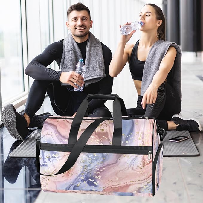 Gold Glitter Marle Dry Wet Depart Duffle Overnight Bag with Shoes Compartment & Wet Pockets, Water Resistant Weekender Travel Gym Pouch For Swim Gymnastics Ballet Sleepovers