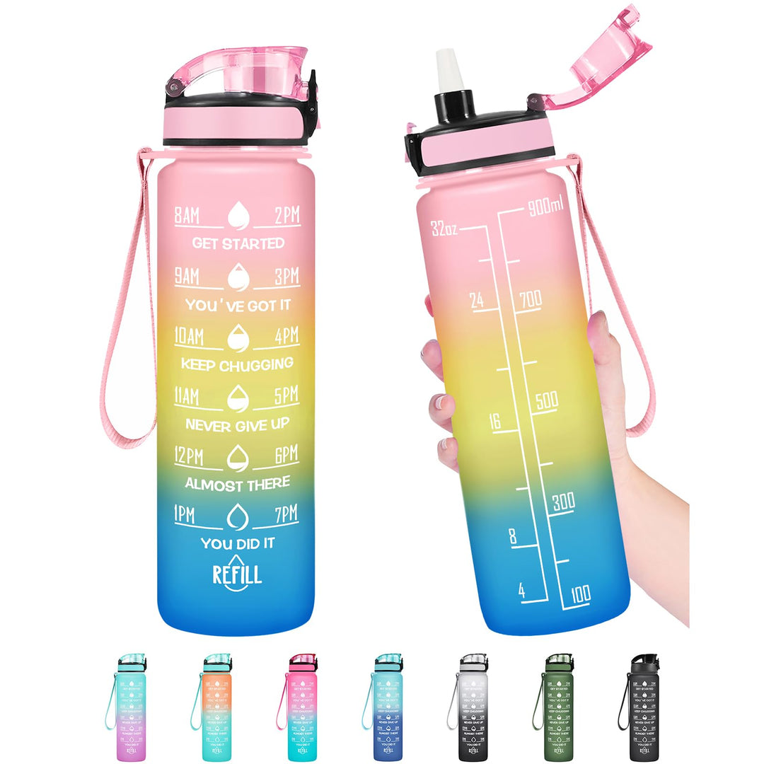 Enerbone 32 oz Water Bottle, Leakproof BPA & Toxic Free, Motivational Water Bottle with Times to Drink and Straw, Fitness Sports Water Bottle with Strap for Office, Gym, Outdoor Sports