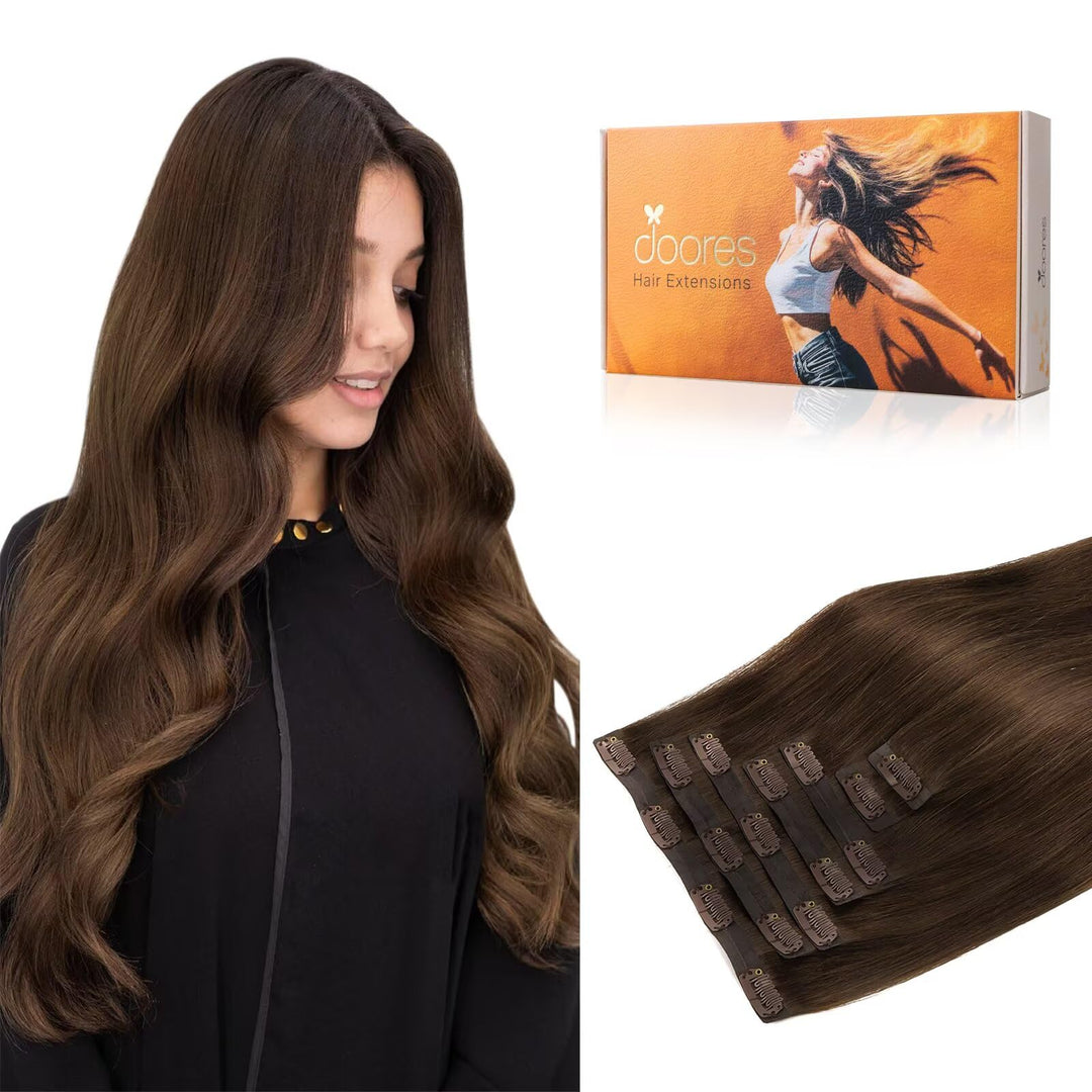 Doores Chocolate Brown Clip In Hair Extensions - 130G 7Pcs 16 Inch Virgin Human Hair, Invisible Edge, Real Hair