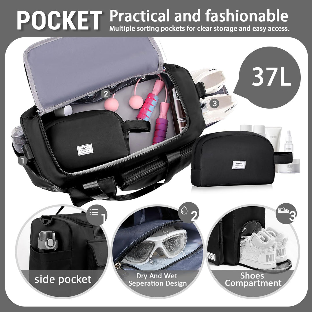 FIORETTO Women's Water-Resistant Gym Duffle Bag with Shoes Compartment, 37L Capacity, Multi-Functional, Ideal for Travel, Gym, Sports, Weekender, with Toiletry Bag, Black
