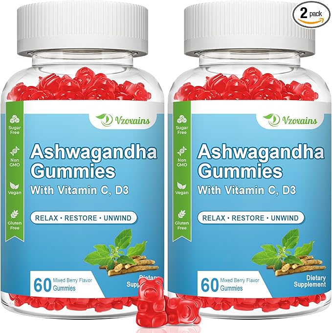 2 Pack Ashwagandha Gummies & Vitamin D Gummies for Women & Men - with Vitamin C for Support Calm Mood, Relaxation & Immune, 120 Mixed Berry Gummies