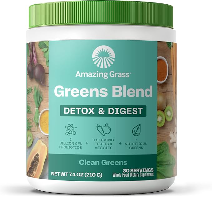Amazing Grass Greens Superfood Detox & Digest: Greens Powder with Digestive Enzymes & Probiotics, Clean Green, 30 Servings (Packaging May Vary)