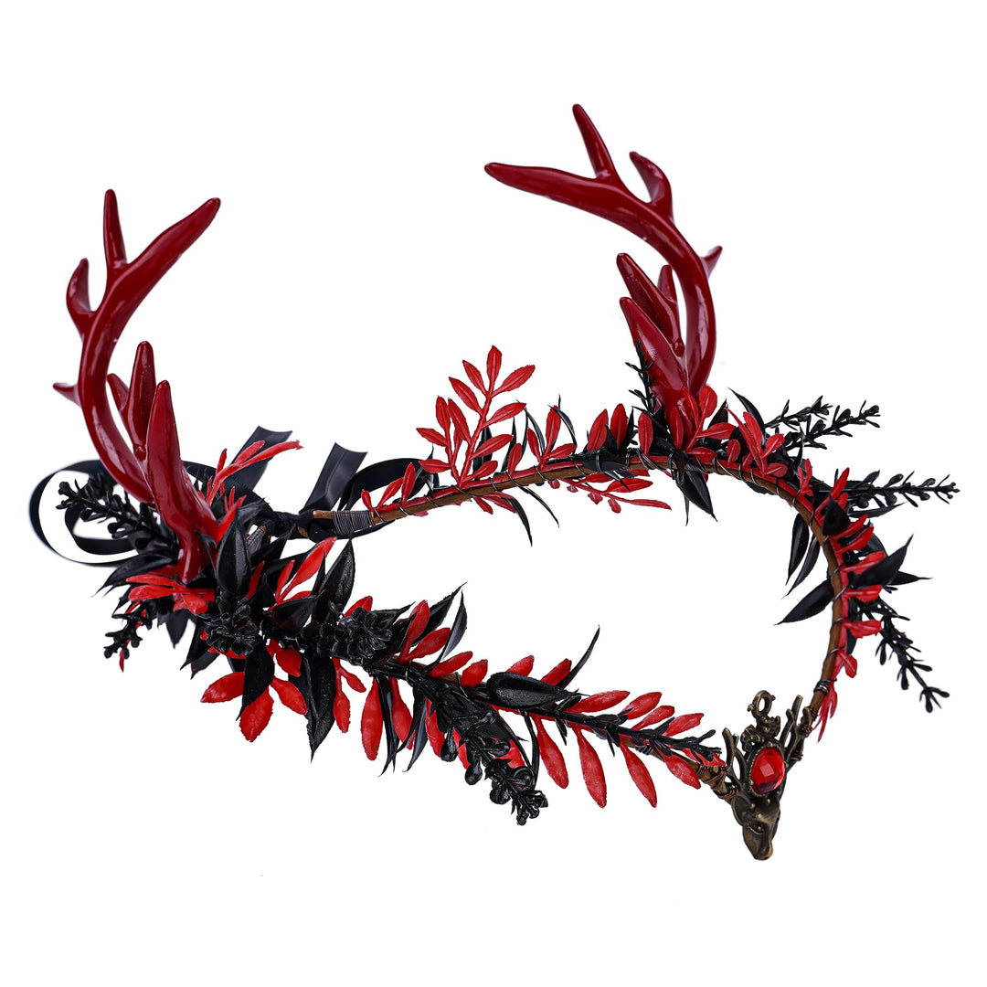 MOSTORY Gothic Elf Antler Crown - Black Deer Horns Headband Red Fairy Heapiece Dark Elven Circlet for Renaissance Fair Costume Women Goth Wedding Halloween Cosplay