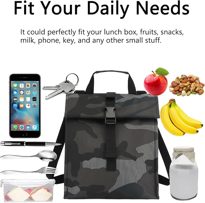 Insulated Lunch Bag for Men/Women,Roll top Reusable Lunch Box with Adjustable Shoulder Strap,Thermal Lunch Cooler Tote Container for Adults Work Office Picnic,Black Camouflage