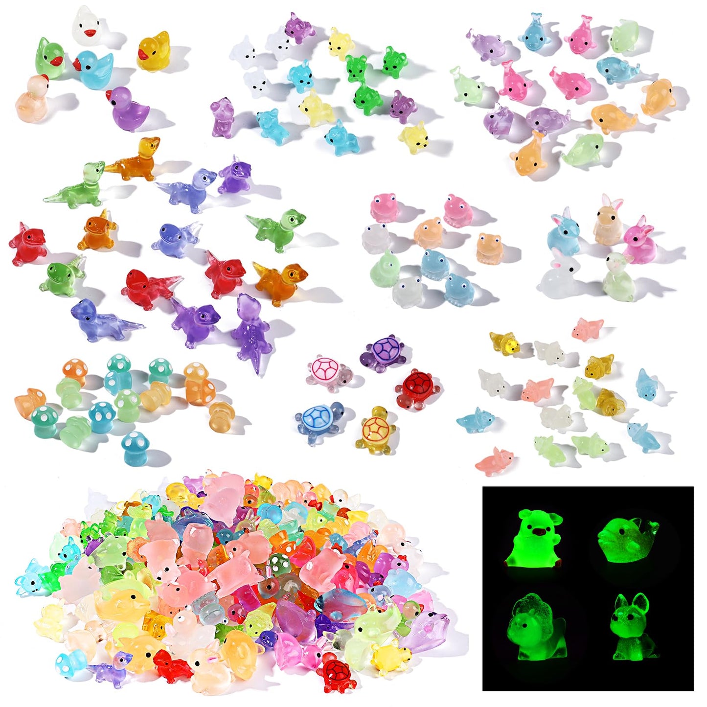 150 Pcs Mini Resin Animals Luminous Mini Animals Luminous Mini Resin Animals Glow in The Dark Figurines Mini Ducks Frogs Rabbits Turtle Lizard Tiny Toy Animal for Landscape Garden Dollhouse Decoration