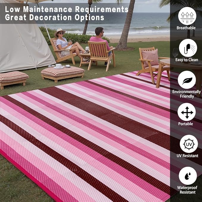 Outdoor Waterproof Rug 6'x9' Plastic Straw Rugs Washable Reversible Floor Mat Pink Stripe Carpet for Camping RV Deck Entryance Porch Picnic Balcony Beach Backyard