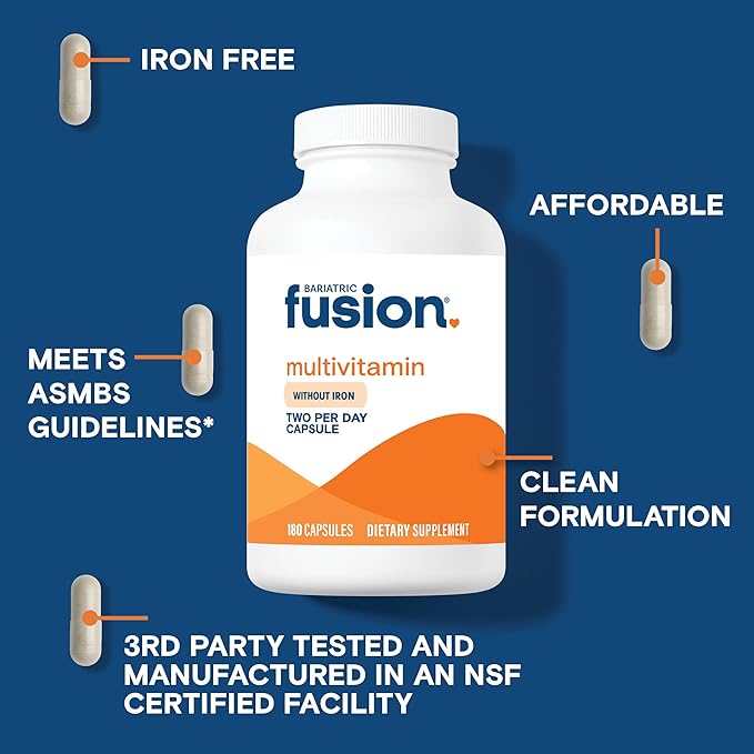 Bariatric Fusion Bariatric Multivitamin Without Iron | Post Bariatric Surgery Patients | Iron Free Bariatric Vitamin for Gastric Bypass and Sleeve Gastrectomy | 180 Capsules | 3 Month Supply