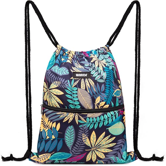 WANDF Drawstring Backpack String Bag Sackpack Cinch Water Resistant Nylon for Gym Shopping Sport Yoga (Blue Leaf.)