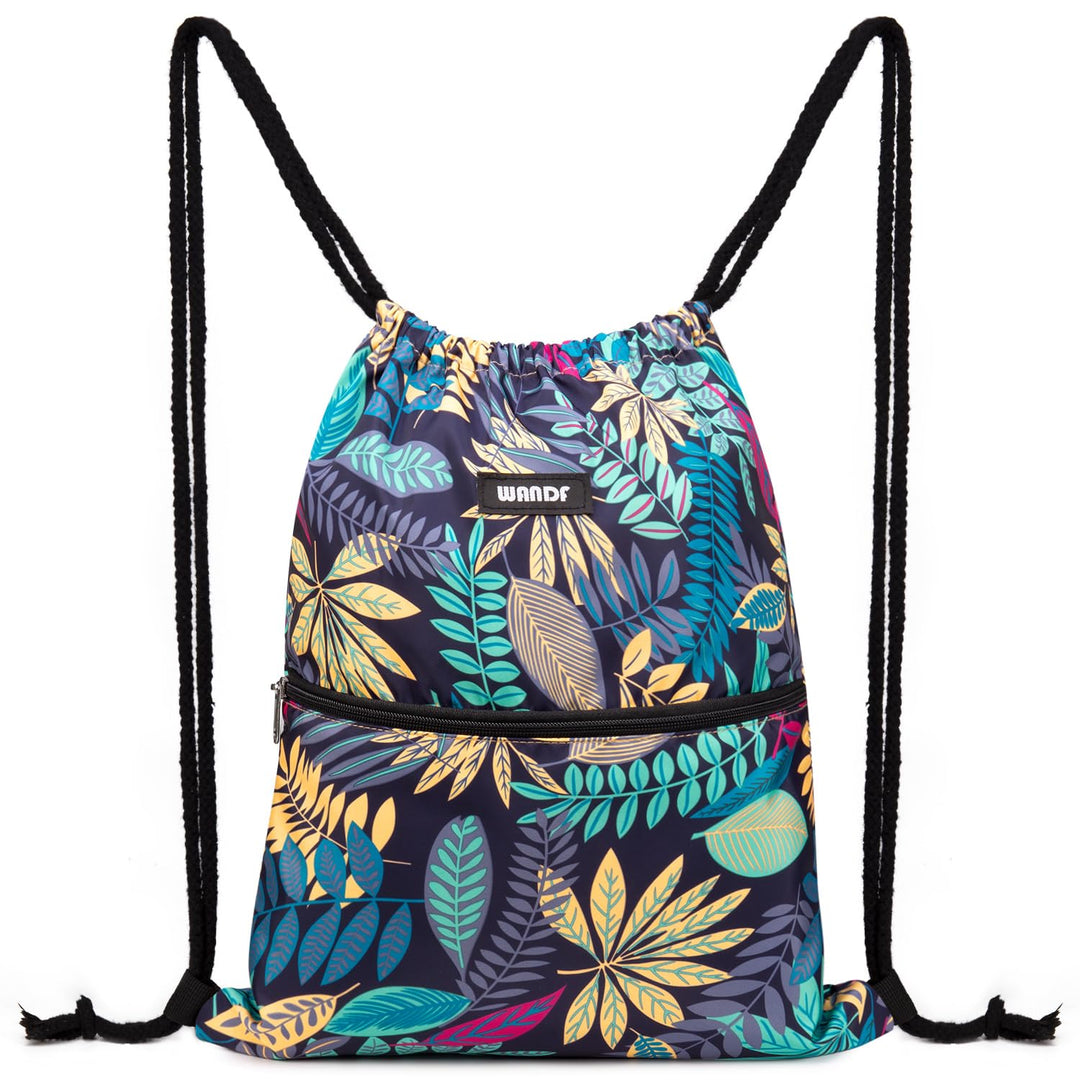 WANDF Drawstring Backpack String Bag Sackpack Cinch Water Resistant Nylon for Gym Shopping Sport Yoga (Blue Leaf.)
