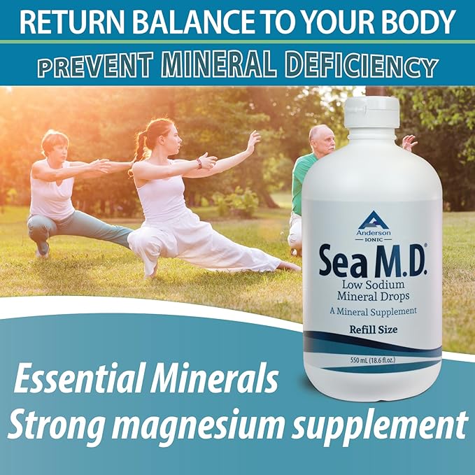 Anderson Sea M.D. New Refill Size Concentrated Trace Mineral Drops, Ionic Electrolyte Magnesium Supplement, Aids in Muscle Cramps, Joint Health, Liquid Magnesium, Easy to Take, 550mL, 275 Servings