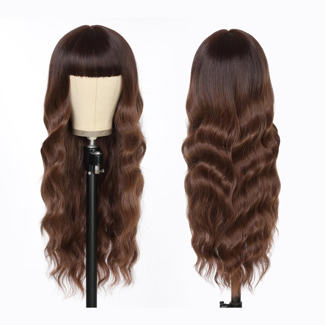 punhurt Brown Wig with Bangs 26 Inches Long Wavy Curly Wig for Women Synthetic Wigs for White Women Wigs with Bangs