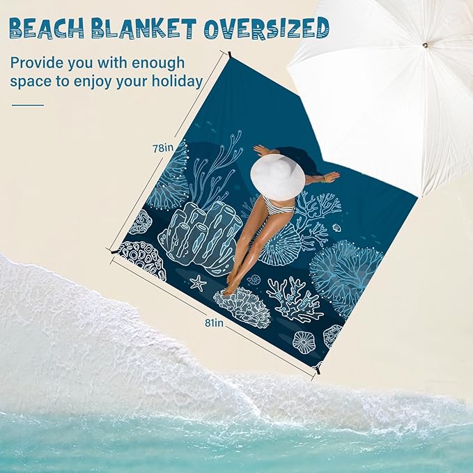 Beach Blanket Waterproof Sandproof 1-7 Adult Oversized 78 '' × 81 '' Lightweight Durable Compact Sand Free Beach Mat for Travel Camping Hiking Picnic Blanket Extra Large
