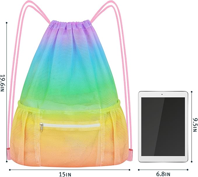 Mesh Drawstring Backpack, Large Sports Gym Bag for Women Kids with Pocket and Zipper Sackpack for Beach Yoga Football Soccer (Colorful)