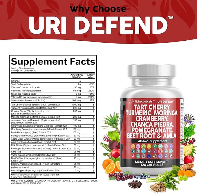 Clean Nutraceuticals Tart Cherry Extract Capsules with Turmeric Moringa Cranberry Chanca Piedra Celery Quercetin ACV Pomegranate L Selenomethionine - Uric Levels - 120 Ct