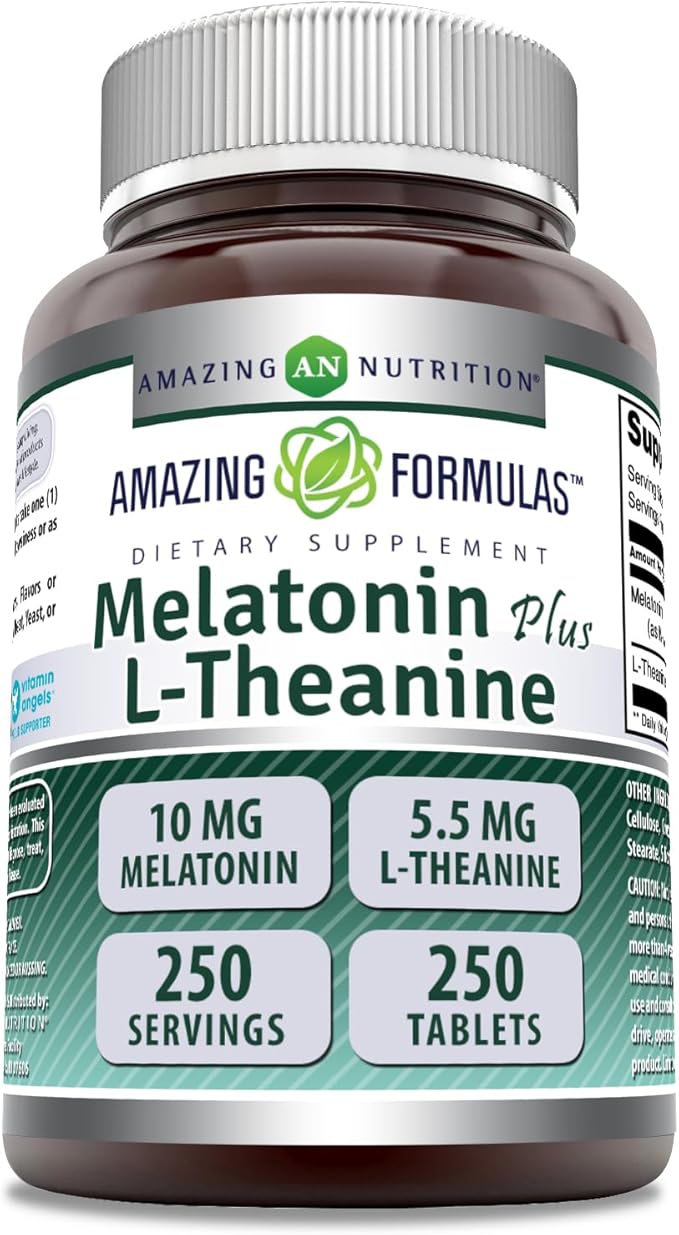 Amazing Formulas Melatonin Plus L-Theanine 10 mg Tablets Supplement | Non-GMO | Gluten Free | Made in USA (10 mg, 250, Count)