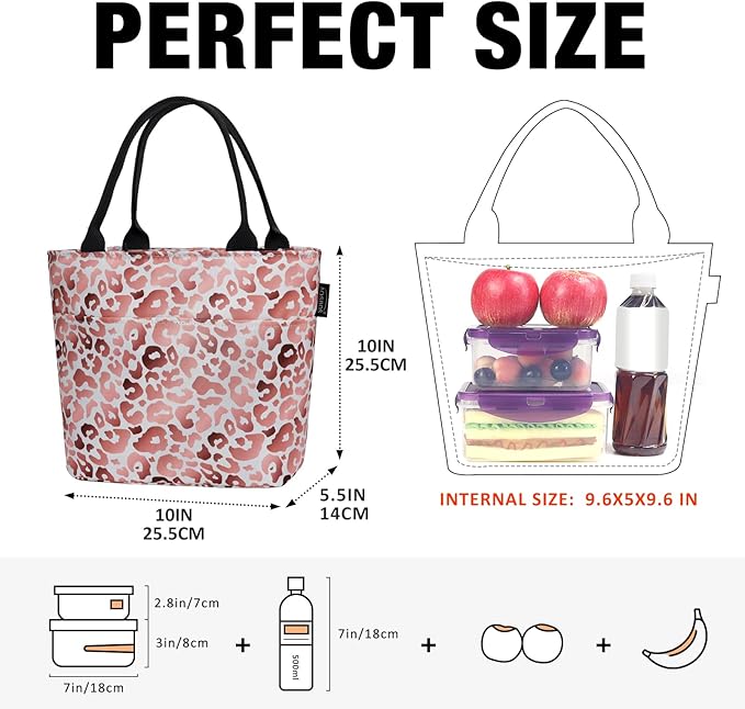 Aosbos Leopard Lunch Bag Women Lunch Bags for Adult Lunch Box for Women Insulated Lunch Tote Bag Lunchbox Portable Cooler Bag Bento Box Bag for Work, Pink Leopard Print