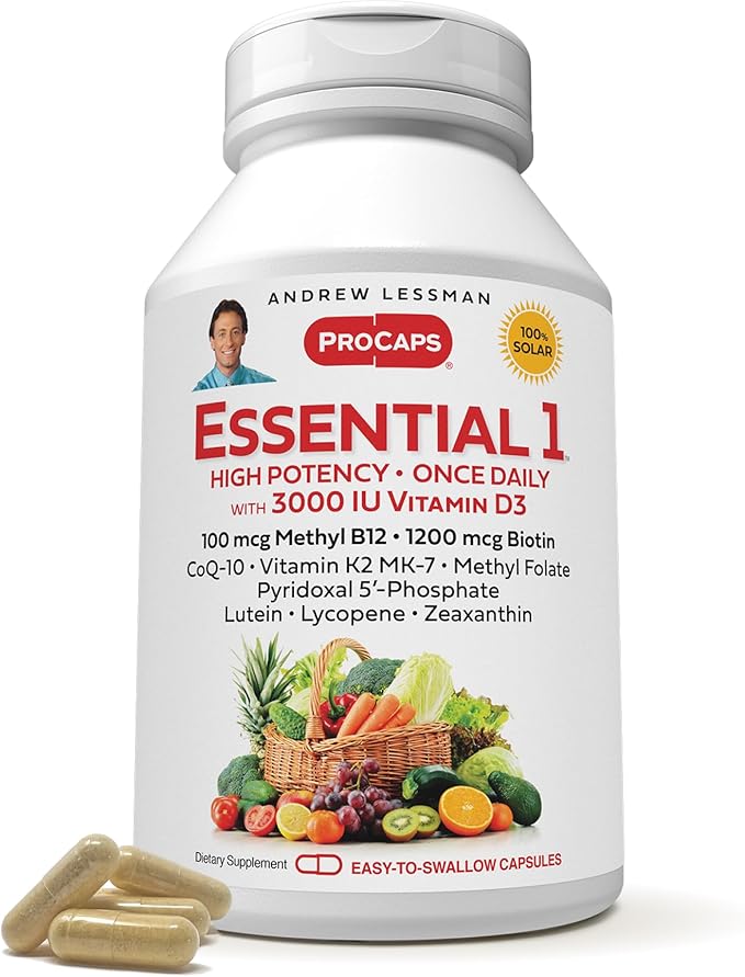 ANDREW LESSMAN Essential-1 Multivitamin 3000 IU Vitamin D3 180 Small Capsules - 100 mcg Methyl B12. CoQ10 Lutein Lycopene Zeaxanthin. High Potency. No Additives. Ultra-Mild. One Daily Capsule