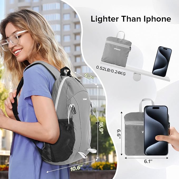 15L Water-resistant Hiking Daypack, Small Backpack Travel Outdoor, Lightweight Day Pack with Tool Loops