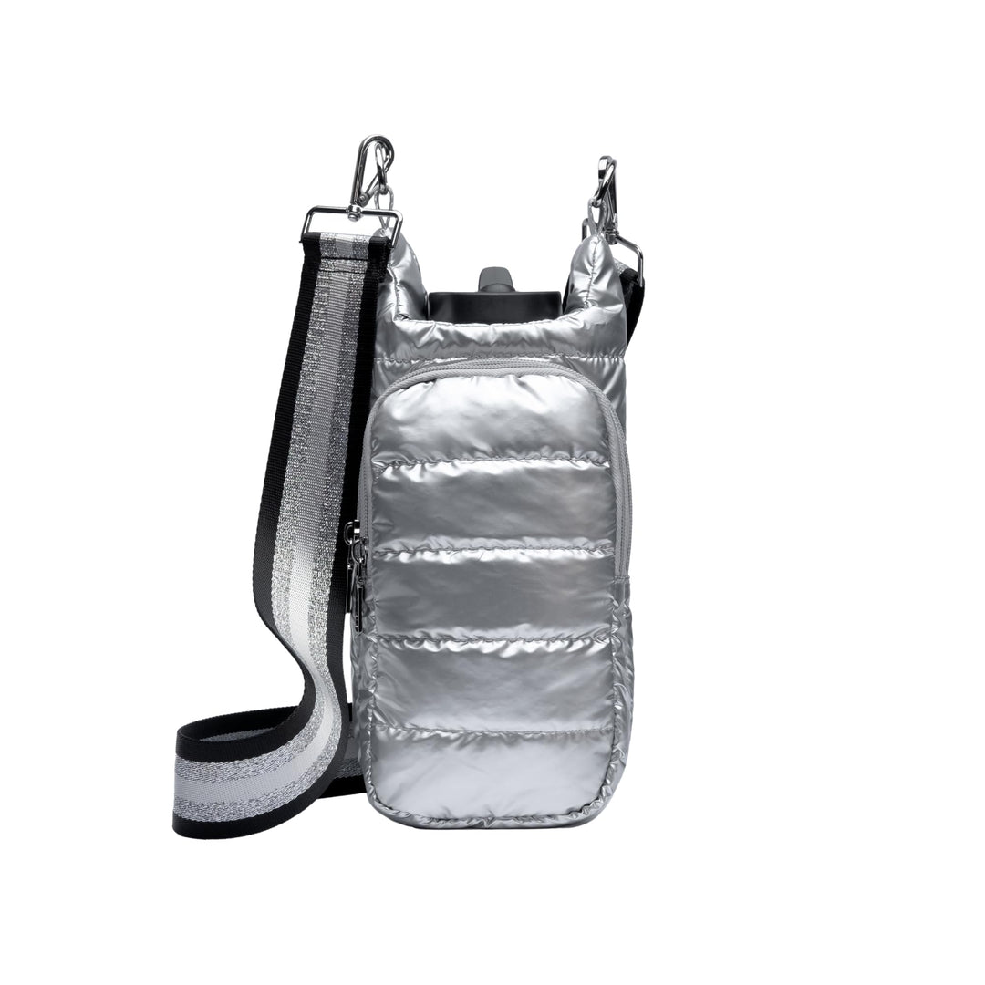 WanderFull Original Crossbody HydroBag | Quilted Water Bottle Carrier | Puffer Tote Tumbler Holder w/Pockets for Phone & Accessories | Carry Travel Essentials (Silver Metallic/Interchangeable Strap)