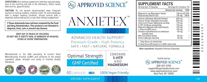 Approved Science Anxietex - Calm and Relaxation - L-Theanine and Magnesium - 60 Capsules - Vegan Friendly - 1 Month Supply