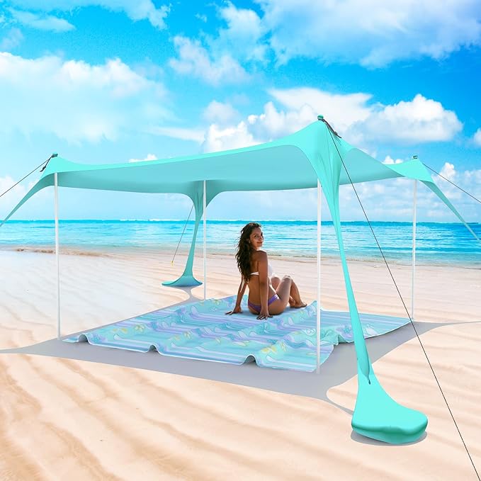 Beach Tent Pop Up Shade Canopy Sun Shelter UPF50+ with 2 Stability Poles/Carry Bag/Ground Pegs/Sand Shovel/Windproof Ropes Portable Outdoor Family Sunshade for Beach Camping(Turquoise,10×10FT)