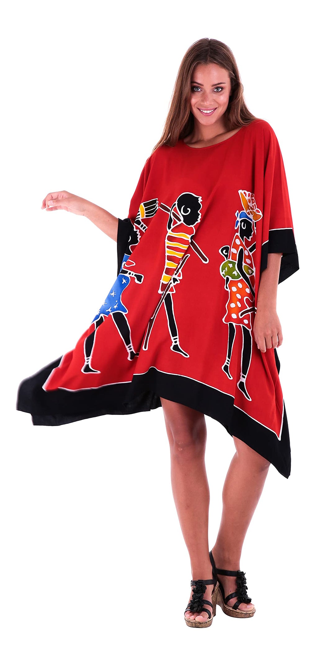 SHU-SHI Womens Short Caftan Poncho Tribal Tunic Swimwear Cover Up Red